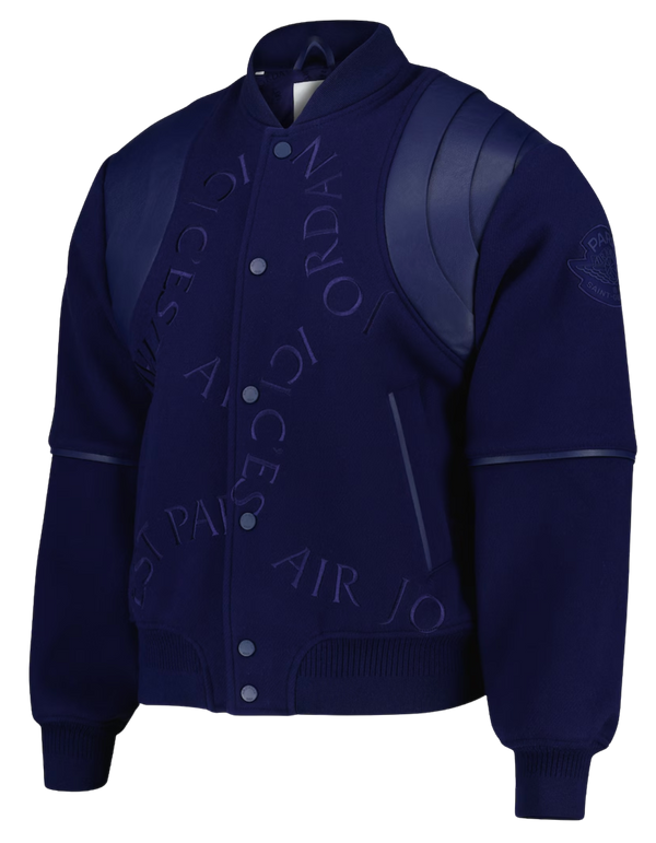 PSG x Jordan Wings Cashmere and Leather Varsity Jacket - Blue Void