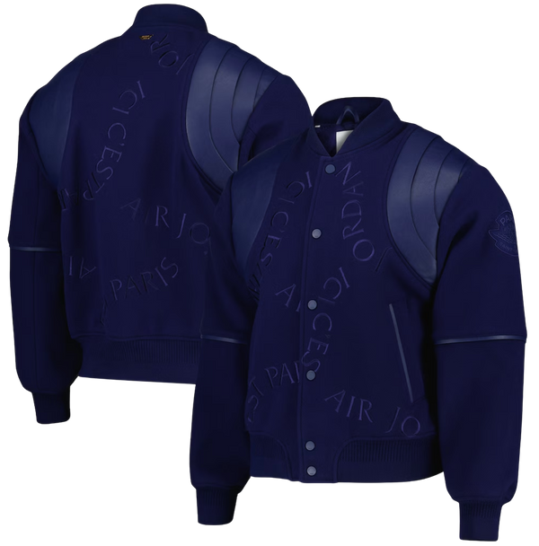 PSG x Jordan Wings Cashmere and Leather Varsity Jacket - Blue Void