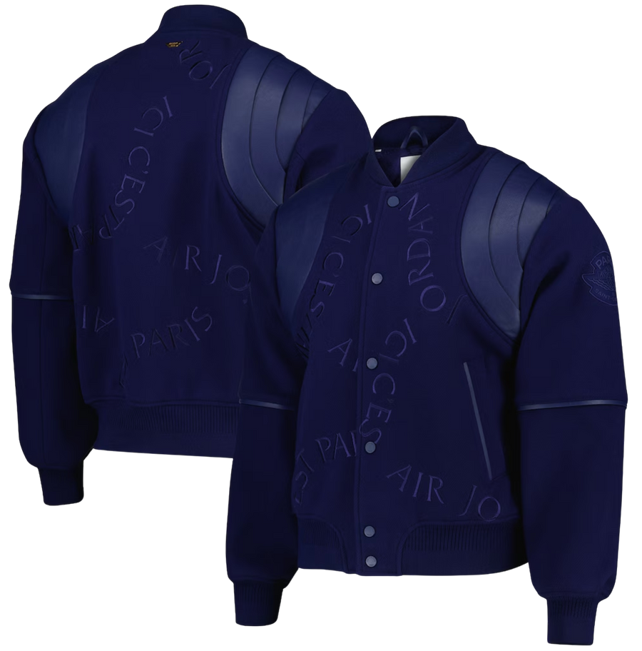 PSG x Jordan Wings Cashmere and Leather Varsity Jacket - Blue Void